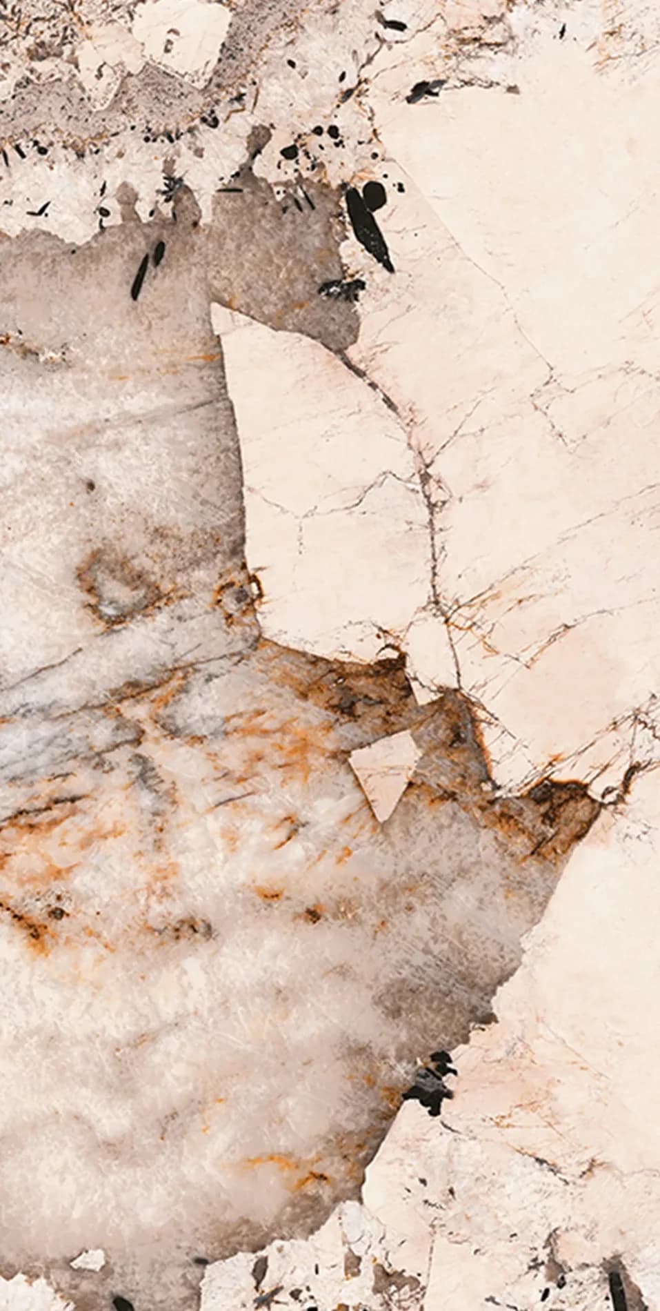Close-up of a stone pattern with pale, warm brown and dark mineral markings