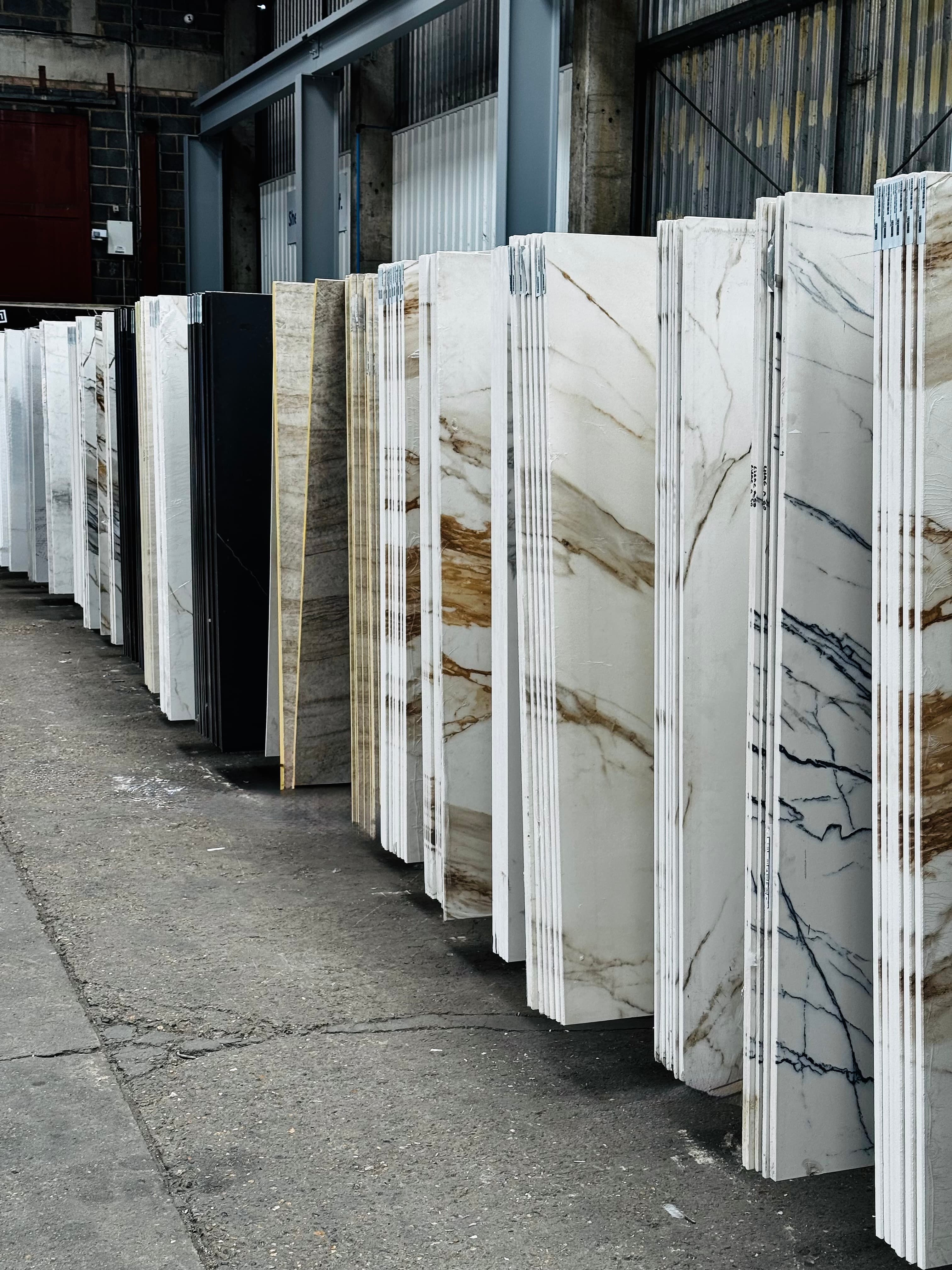 Hand-selected natural stone slabs in the workshop