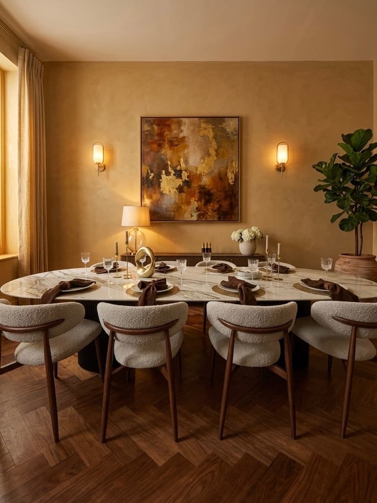 A porcelain dining table with natural stone movement