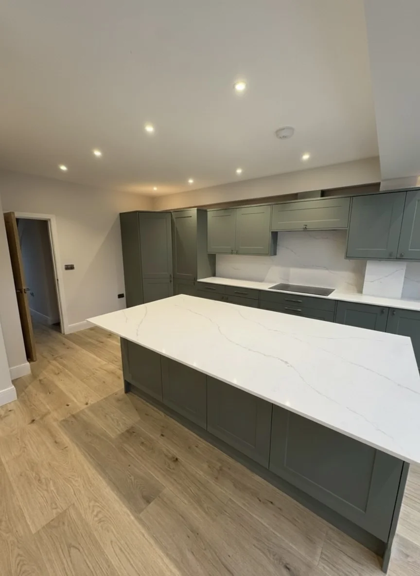 Modern Grey Kitchen with White Quartz Island